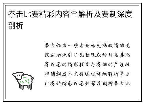 拳击比赛精彩内容全解析及赛制深度剖析